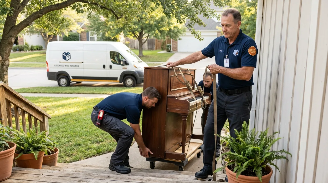 Licensed piano movers securing grand piano in Harrison, NE
