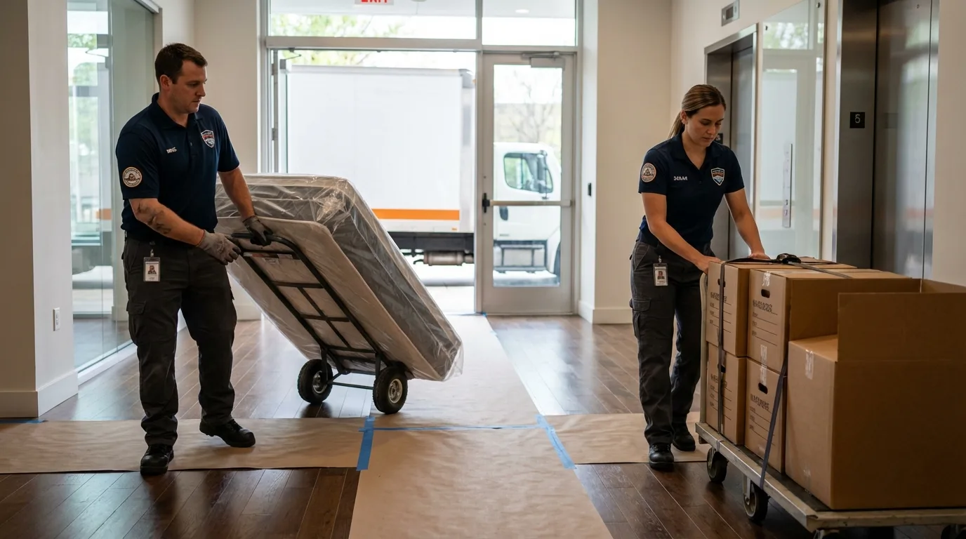 Professional apartment movers loading elevator in Harrison, NE